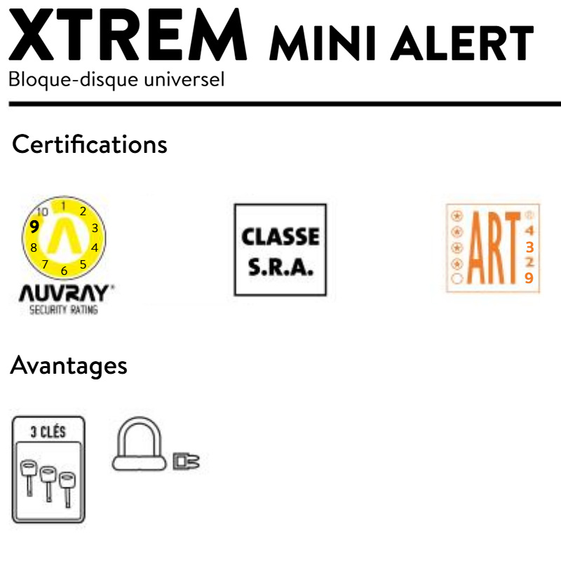 Antivol Bloque Disque Alarme Auvray XTREM Mini Alert Classe SRA 