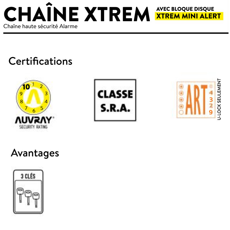 Chaine XTREM Auvray avec Bloque Disque Alarme Classe SRA  