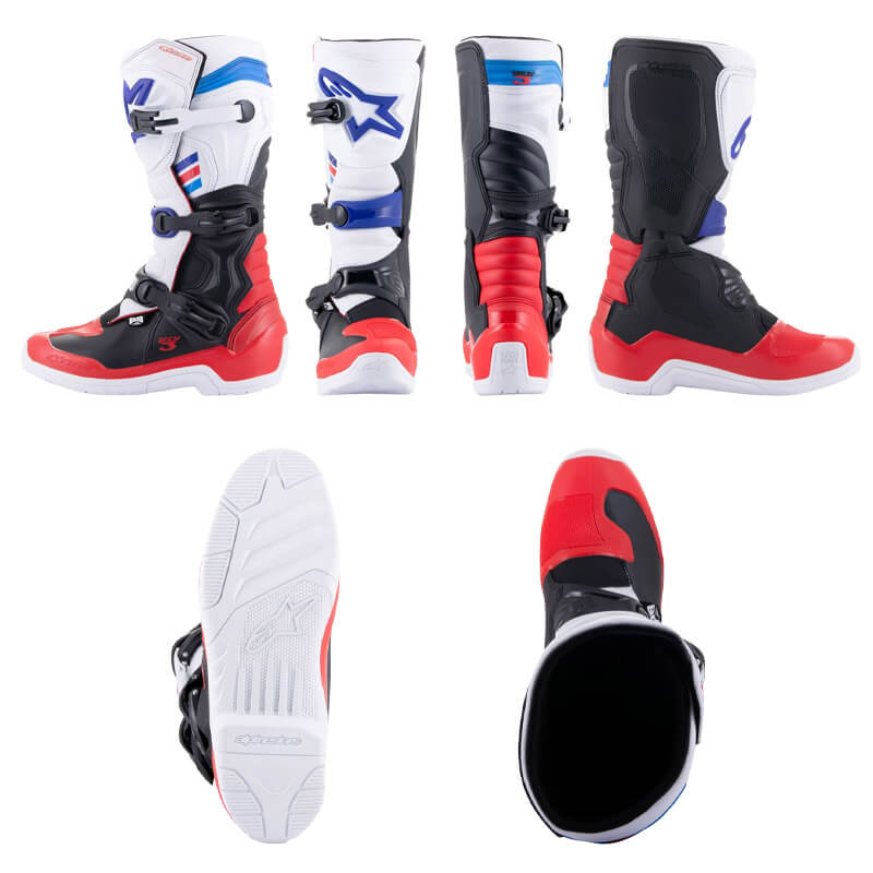 bottes alpinestarst tech3 blanc rouge bleu 2022 cross