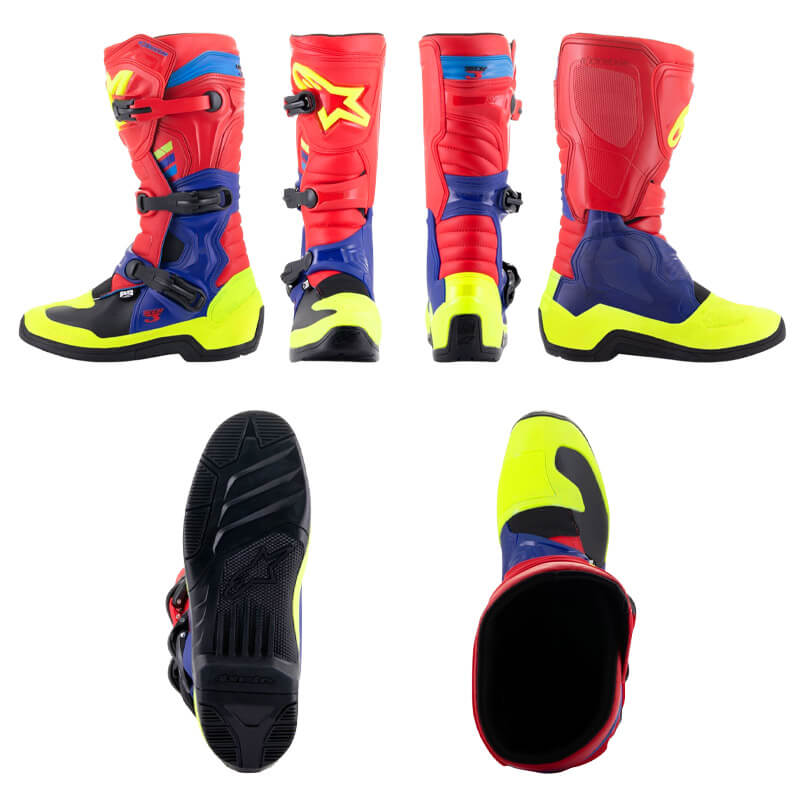 bottes alpinestarst tech3 rouge bleu jaune fluo 2022 cross