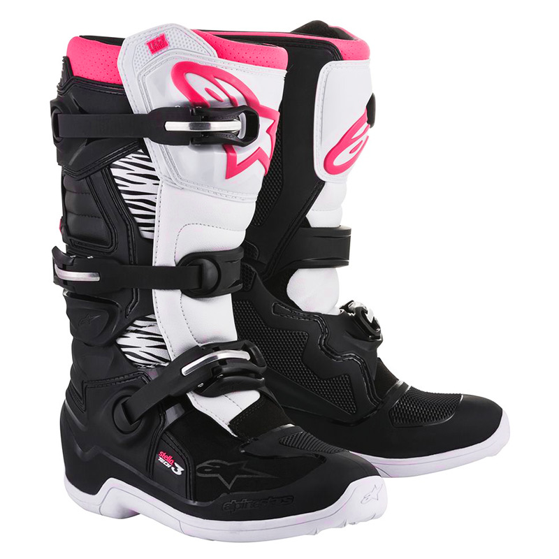 bottes femme alpinestars tech3 stella noir blanc rose 2019 mx