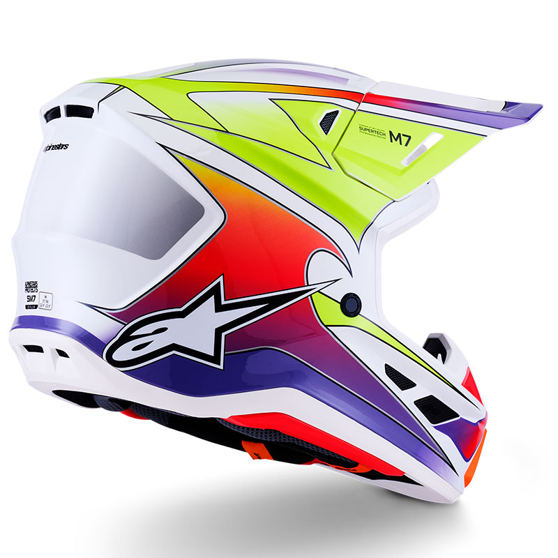 casque cross alpinestars sm7 2026 fuse blanc jaune fluo violet enduro
