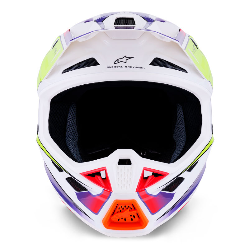 casque cross alpinestars sm7 2026 fuse blanc jaune fluo violet motocross