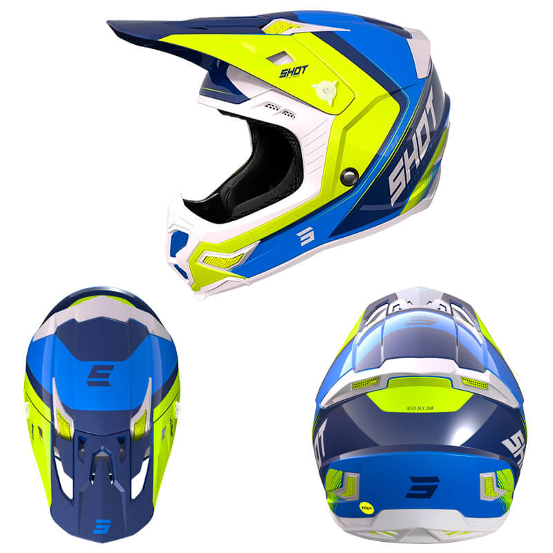 casque cross shot fast 2023 bleu jaune motocross