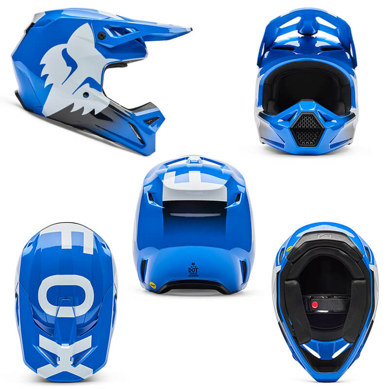 casque enfant fox racing v1 shield bleu blanc cross