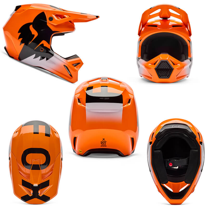 casque enfant fox racing v1 shield orange blanc noir cross