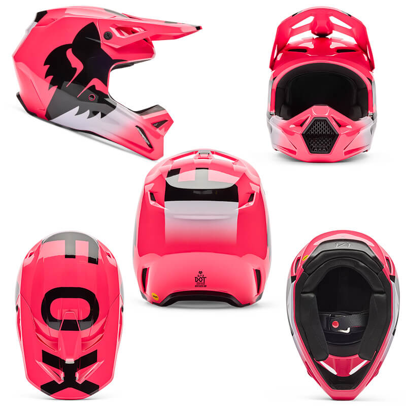 casque enfant fox racing v1 shield rose blanc noir cross
