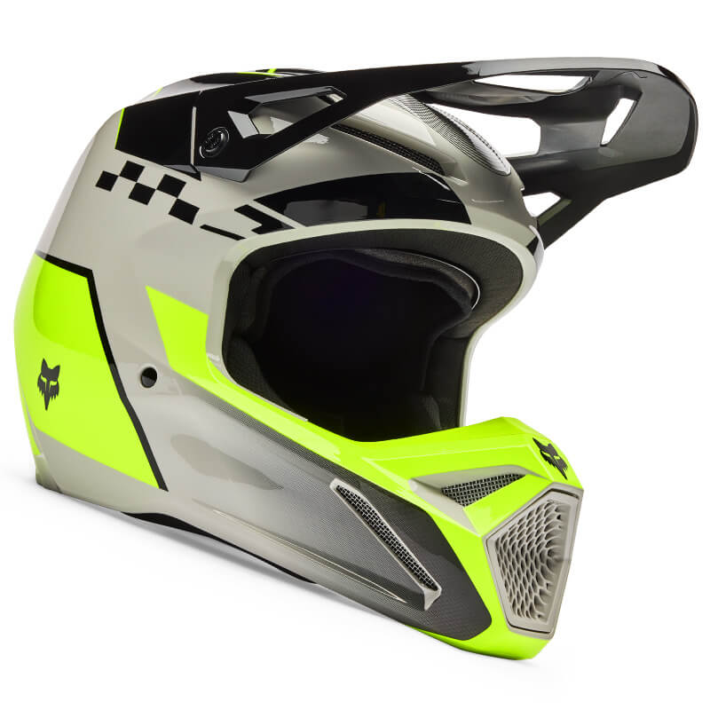 casque fox racing v1 collect gris jaune fluo 2026 motocross