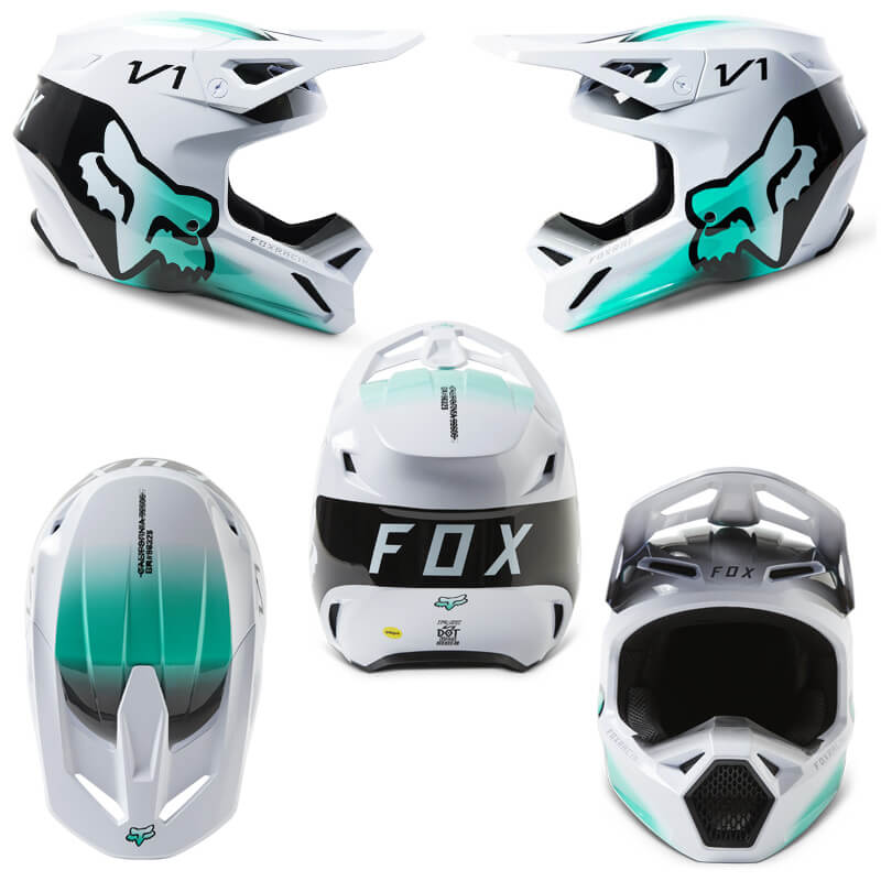 casque fox racing v1 toxsyk blanc vert menthe 2023 cross