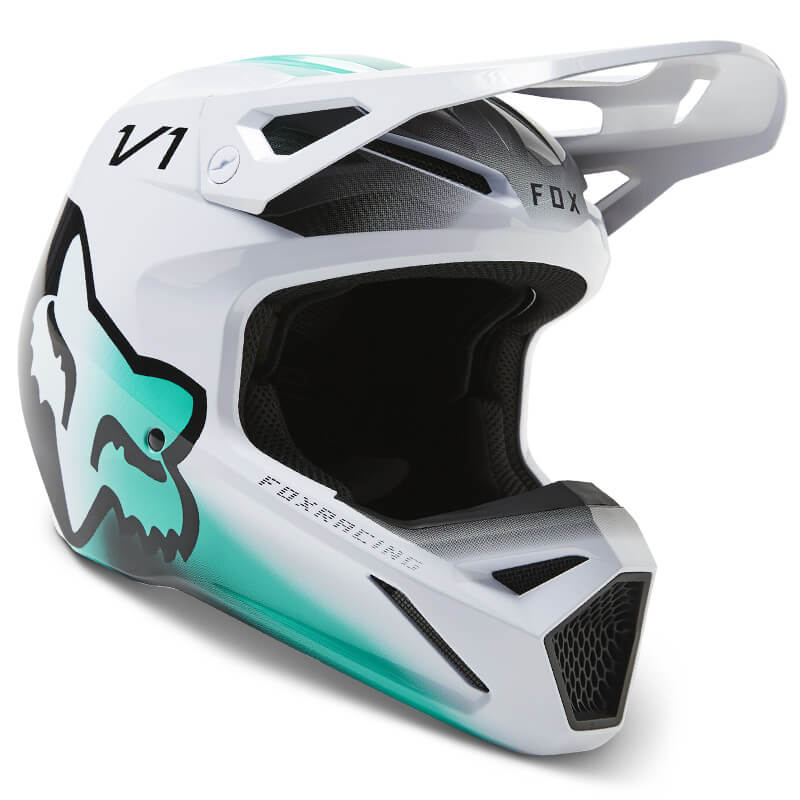 casque fox racing v1 toxsyk blanc vert menthe 2023 motocross