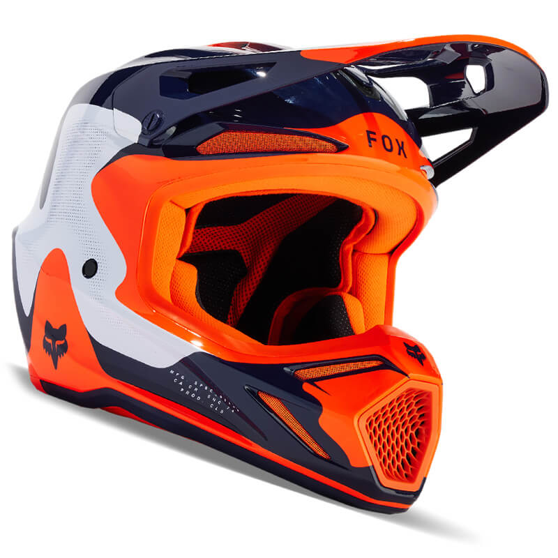 casque fox racing v3 revise bleu marine orange 2024 cross