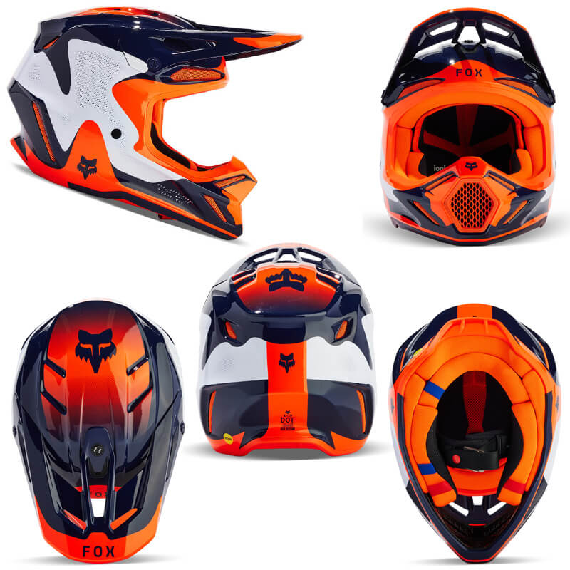 casque fox racing v3 revise bleu marine orange 2024 motocross