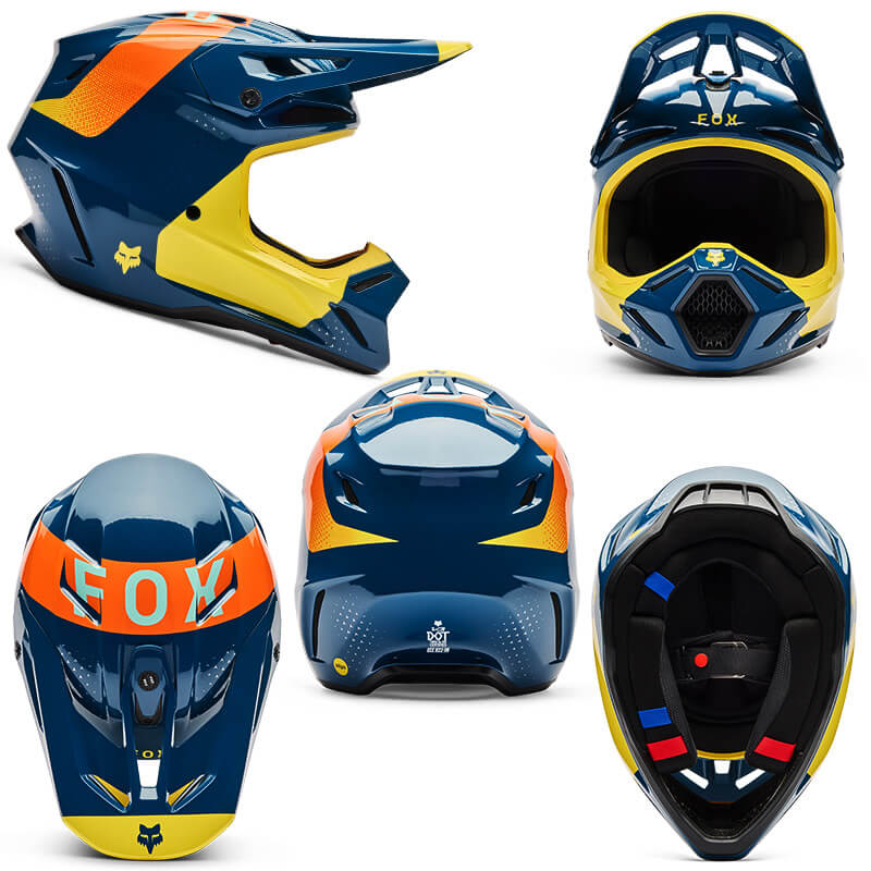 casque fox racing v3 rs tine bleu jaune 2026 motocross