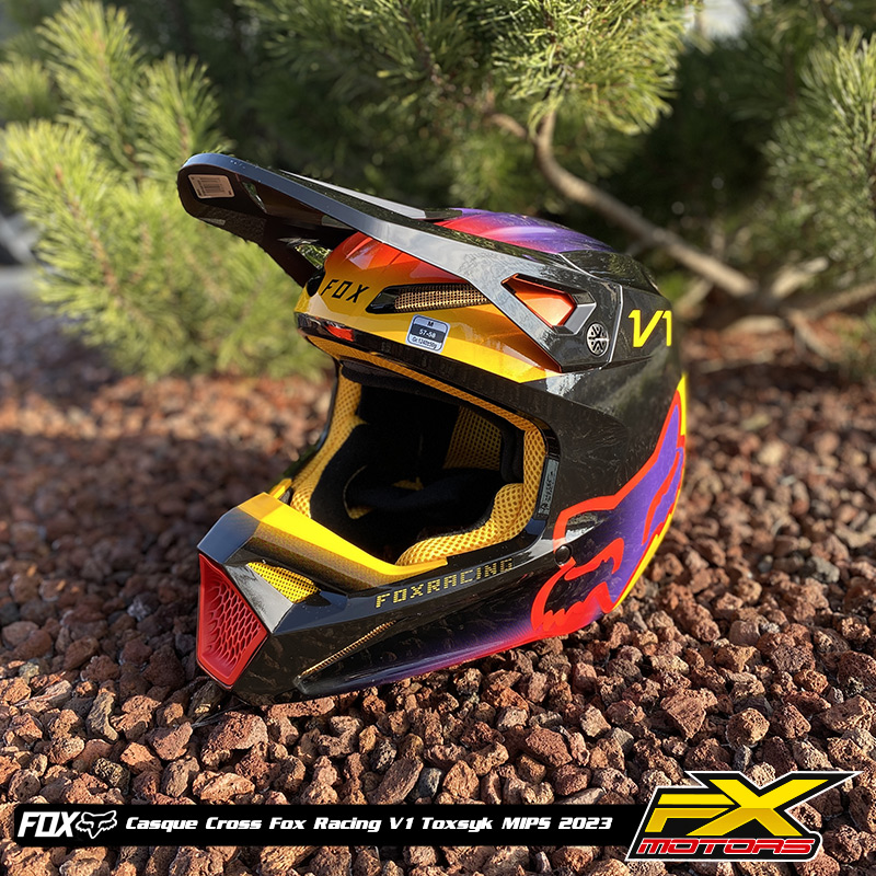 casque motocross fox racing v1 toxsyk 2023 rouge noir violet