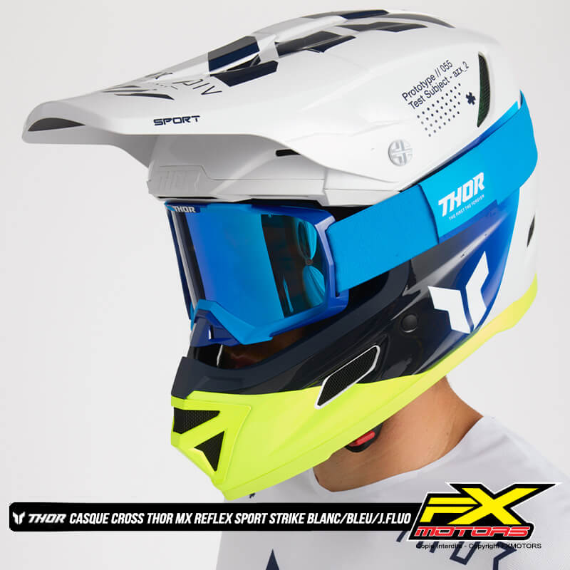 casque thor mx reflex sport carbon strike blanc bleu jaune fluo 2025 fxmotors