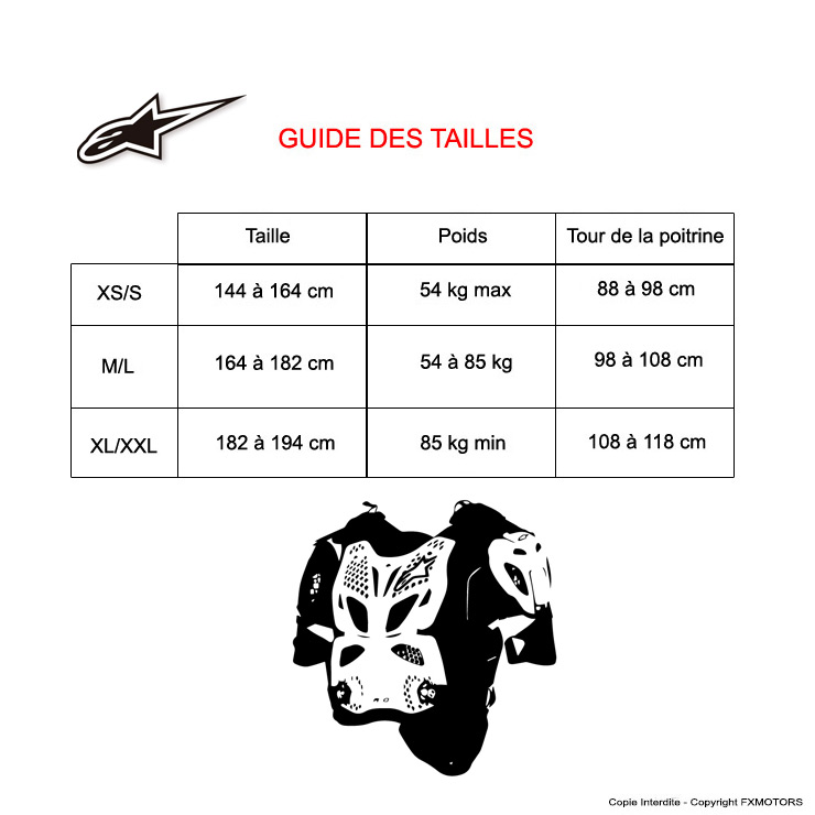 guide des tailles pare pierres alpinestars a1