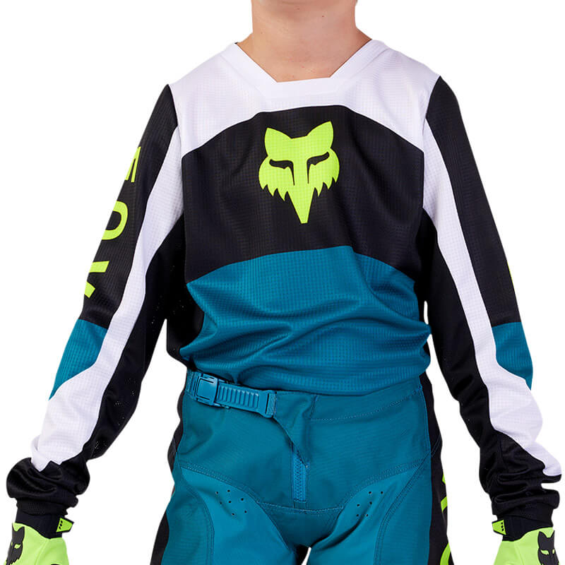 maillot enfant fox racing 180 nitro bleu vert 2024 cross mx