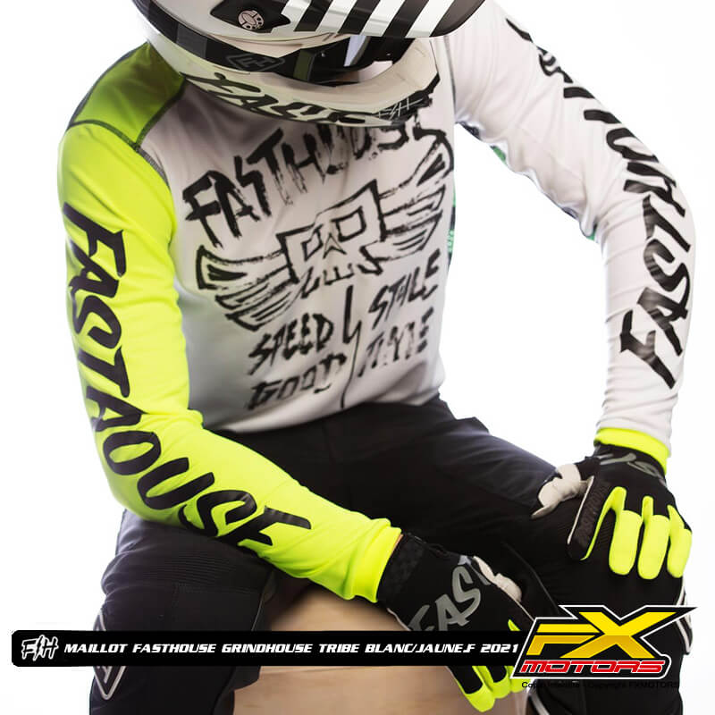 maillot fasthouse grindhouse tribe blanc jaune fluo 2021 motocross
