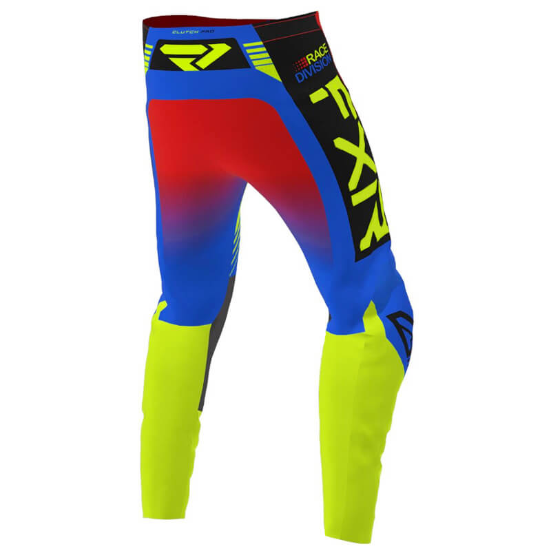 pantalon enfant fxr racing clutch pro bleu jaune fluo rouge 2023 cross