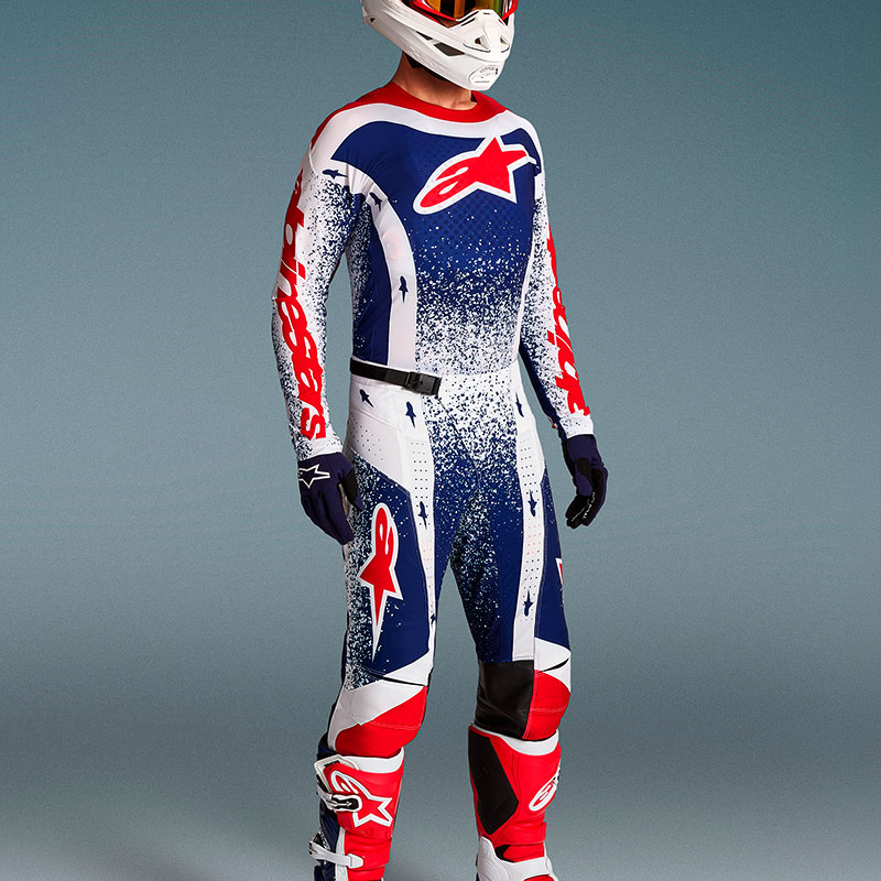 tenue alpinestars techstar unity edition limitee bleu blanc rouge