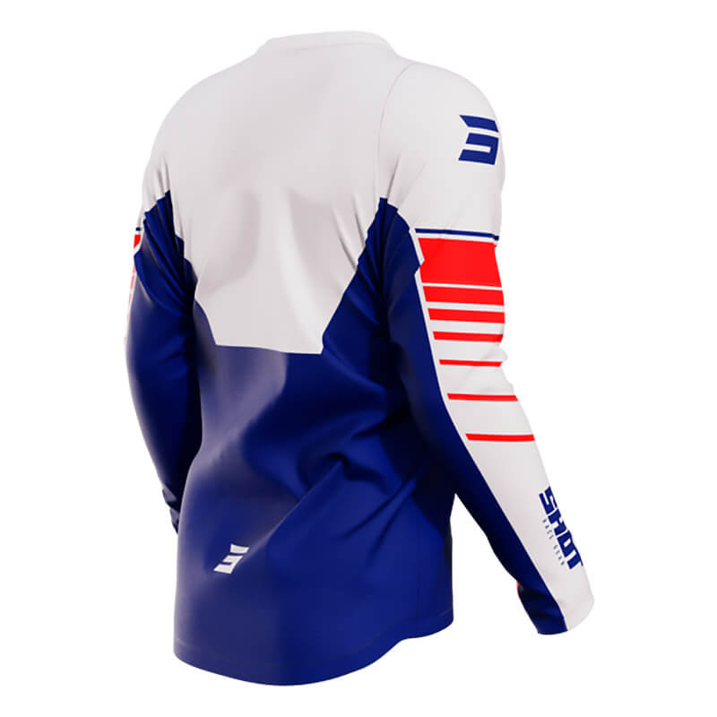 tenue maillot shot devo peak 2023 bleu blanc rouge motocross