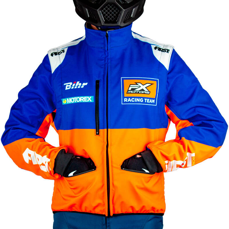 veste softshell enduro fxmotors racing team orange bleu 2021 motorex